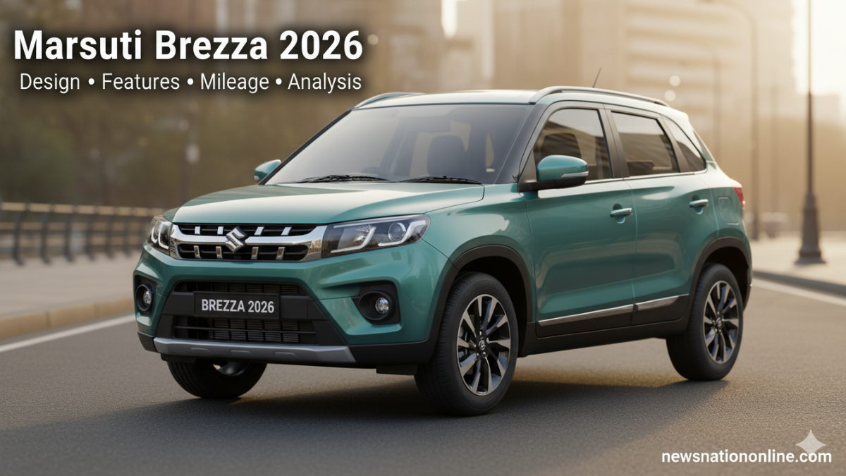 Maruti Brezza Facelift 2025 Complete Review - NewsNation Online Maruti Brezza facelift 2025 front design parked on city road showing updated grille and LED headlamps – complete review