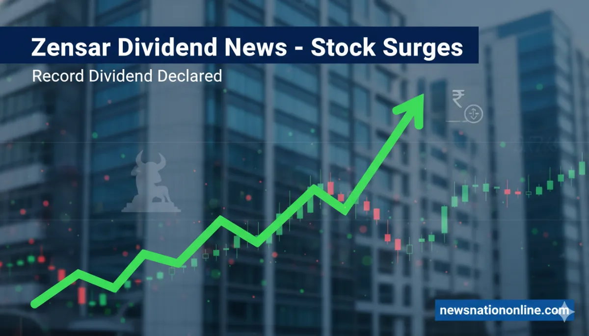 News thumbnail showing a rising stock chart with a bright green line over a cityscape, accompanying the headline 'Zensar Dividend News - Stock Surges' and 'Record Dividend Declared'.