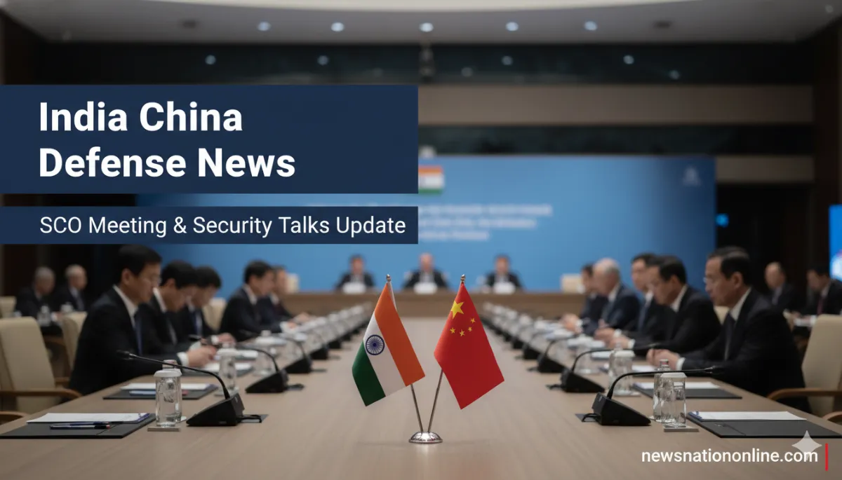 Create a simple, attractive news-style cover image showing a diplomatic meeting scene with Indian and Chinese flags placed on a table during an international conference. Add a subtle background of a global summit hall or meeting room with officials sitting across. Keep the design minimal and professional with soft lighting. Include bold headline text: “India China Defence News” Add smaller subtext: “SCO Meeting & Security Talks Update” Place branding clearly at the bottom: “newsnationonline.com” Use a clean layout with red, blue, and neutral tones. The design should look like a modern news website thumbnail, not cluttered.