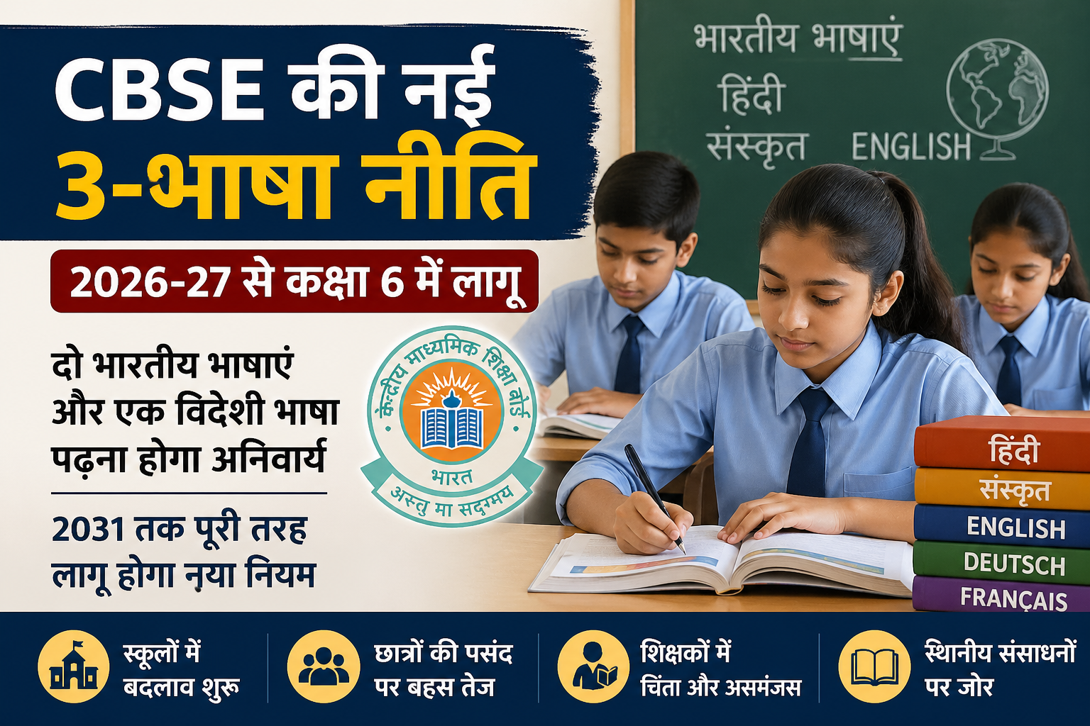 Poster announcing CBSE's new 3-language policy for grade 6 from 2026-27, with two Indian languages and one foreign language compulsory, students studying in a classroom.