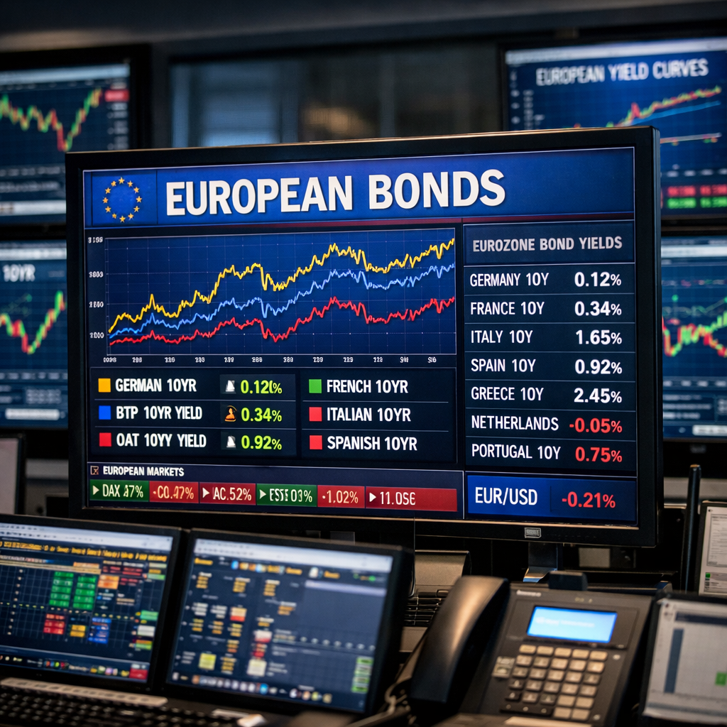 Screen showing European bond yields and yield curves with financial graphs