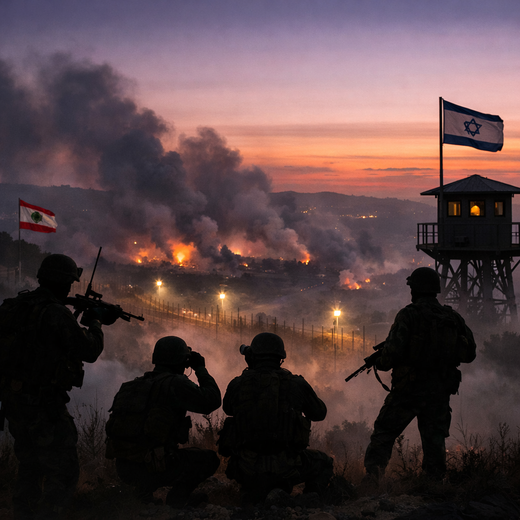 Four soldiers watching a smoky border area with fires, flags of Lebanon and Israel visible