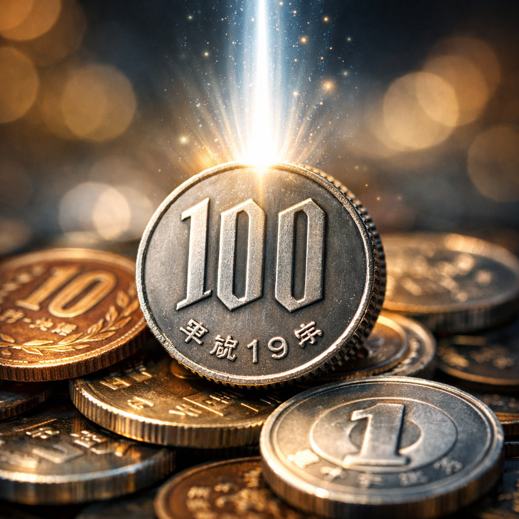 100 yen coin brightly illuminated among various Japanese coins