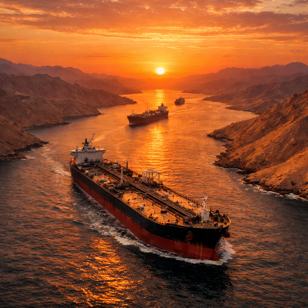 Three large oil tankers sailing through a narrow mountain-lined waterway at sunset