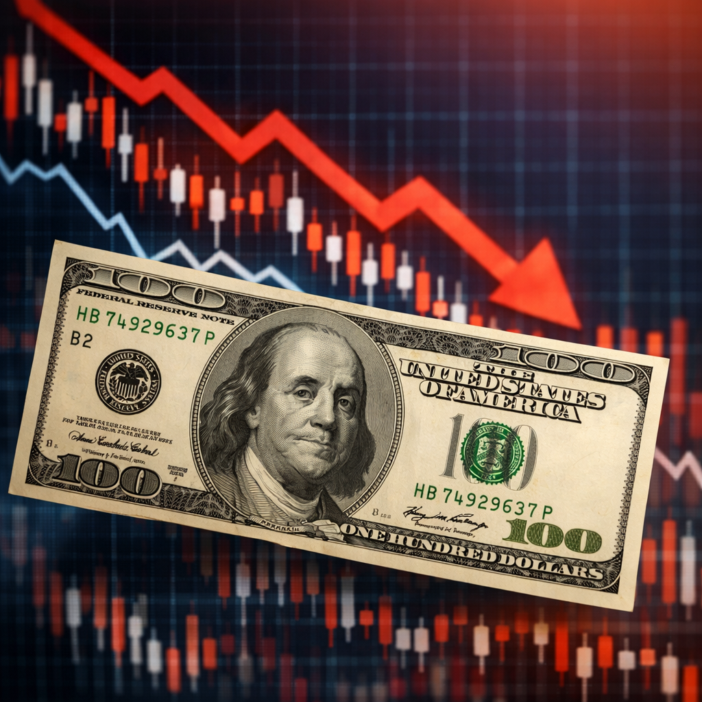 Hundred-dollar bill with downward trending stock market chart in background