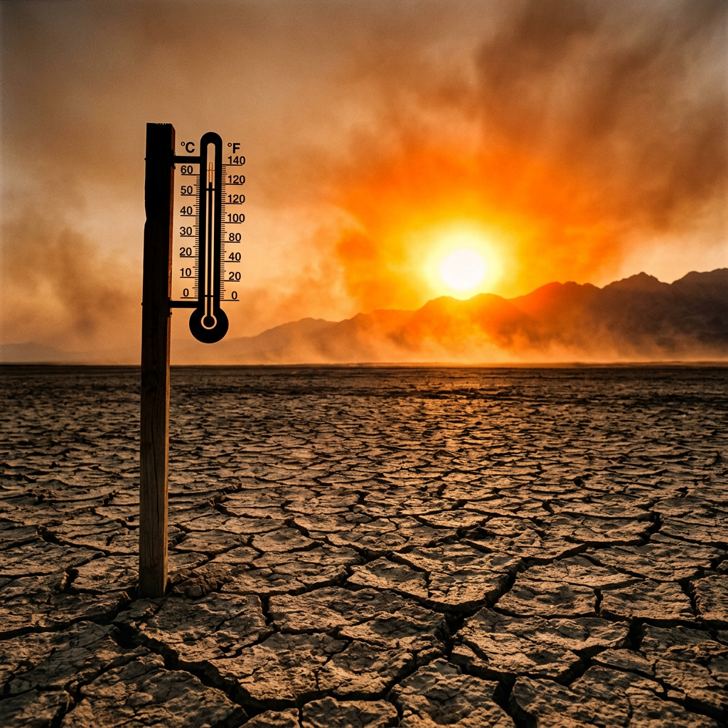 Thermometer indicating high temperature in a cracked dry desert landscape at sunset