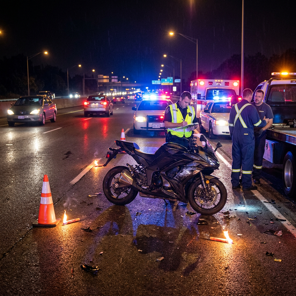 Damaged motorcycle surrounded by debris and police cones on highway with officers and emergency vehicles