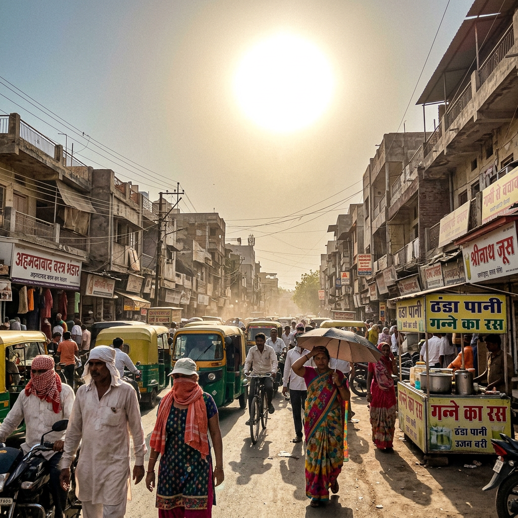 Crowded Indian street with pedestrians, rickshaws, and market stalls under a bright sun