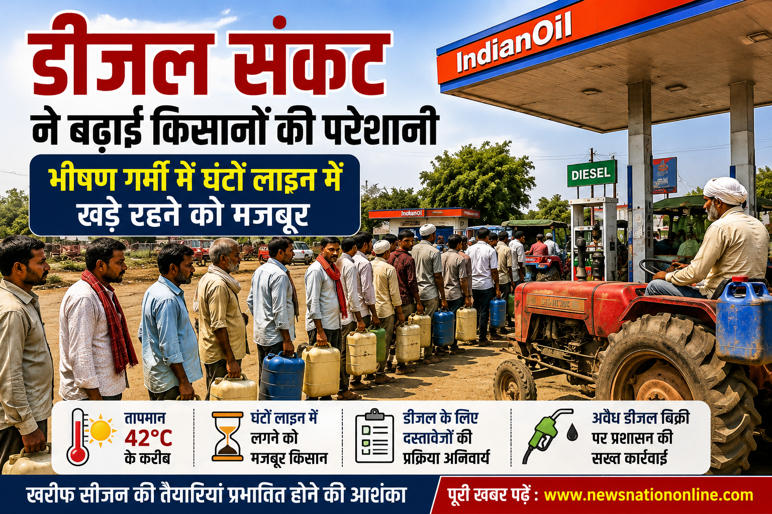 लोग इंडियनऑयल पेट्रोल पंप के बाहर डीज़ल के लिए लंबी कतार में खड़े हैं, हर एक के हाथ में जेर्री कैन।