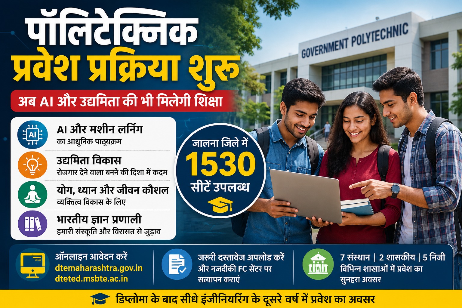 पॉलिटेक्निक प्रवेश 2026 – AI और मशीन लर्निंग की पढ़ाई, जालना में 1530 सीटें - NewsNation Online पॉलिटेक्निक प्रवेश 2026 में AI और मशीन लर्निंग पाठ्यक्रम के साथ जालना जिले में 1530 सीटें उपलब्ध