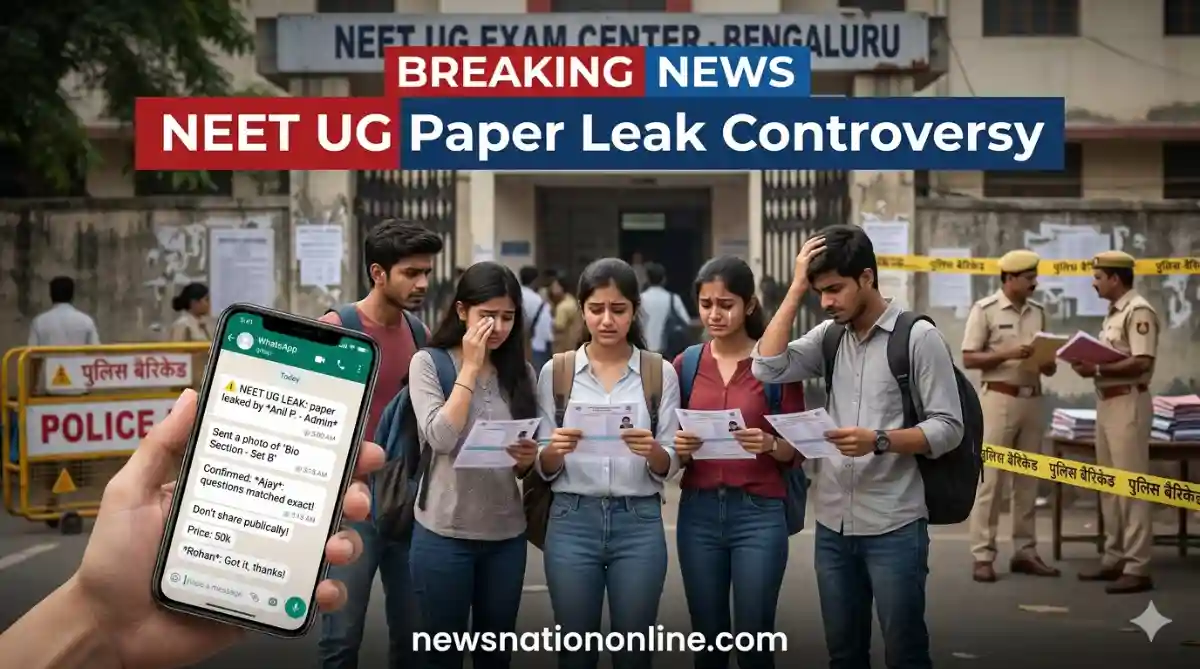 NEET UG paper leak controversy image showing stressed students and WhatsApp exam leak investigation