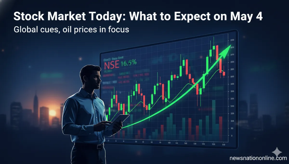 Man standing with a tablet analyzes a large stock market chart at dusk; green upward line and red/green bars dominate the screen, with the headline 'Stock Market Today: What to Expect on May 4' visible above.