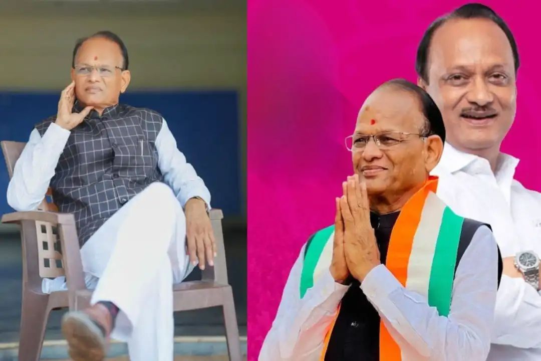 Split image: left shows a man seated in a checkered vest with his hand on his face; right shows a man with folded hands wearing a tricolor scarf, against a pink background with a large portrait in white in the back.