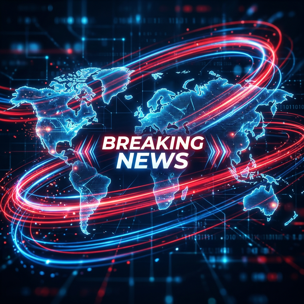 Abstract breaking news red blue light streaks world map