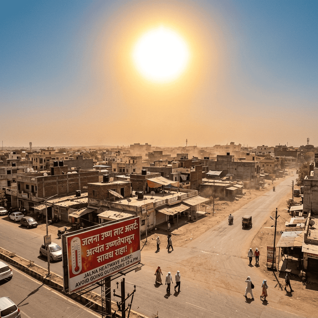 Billboard in Jalna warning of heatwave and advising to avoid outdoors from 12 to 4 PM