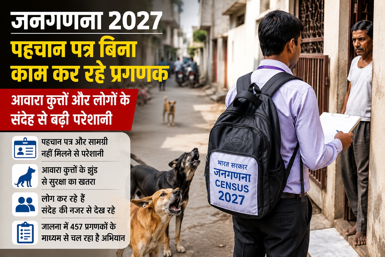 Hindi census awareness poster: a government enumerator with a Backpack labeled Census 2027 talks to a man at a doorway on a narrow street, with bullet points about identity, safety, and inclusion on the left.