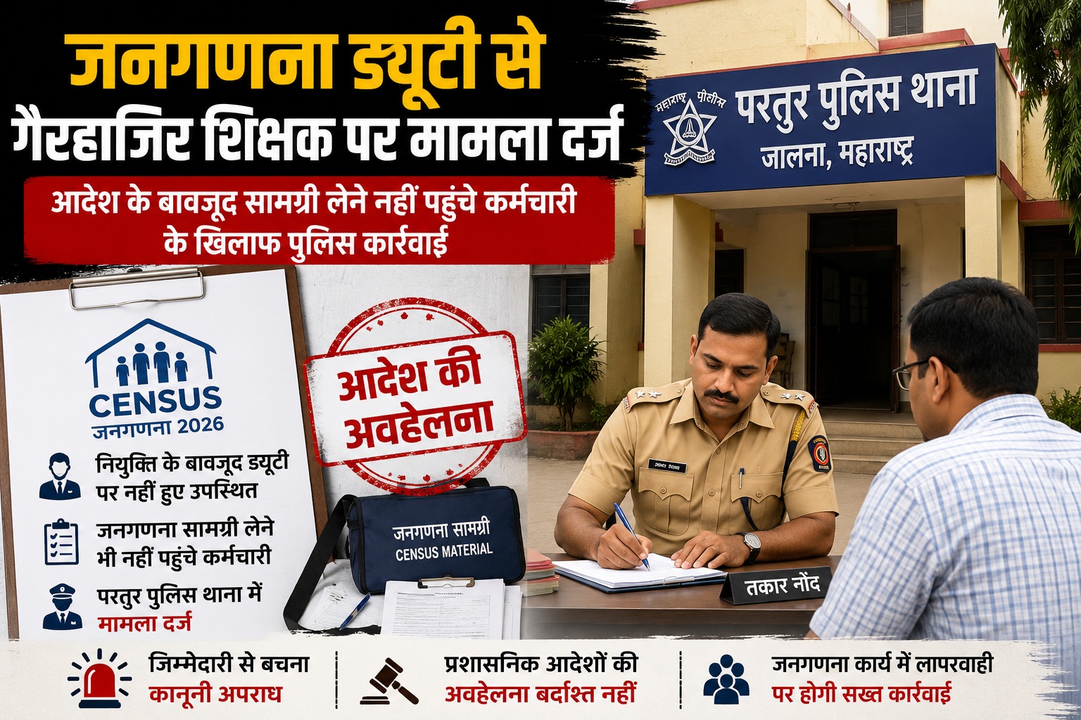 जनगणना ड्यूटी से गैरहाजिर शिक्षक पर जालना के परतुर पुलिस थाने में मामला दर्ज