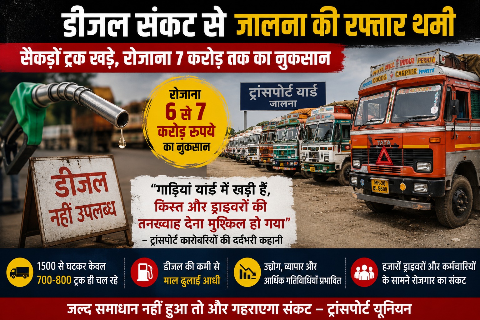 जालना में डीजल संकट के कारण ट्रांसपोर्ट यार्ड में खड़े ट्रक और प्रभावित माल परिवहन