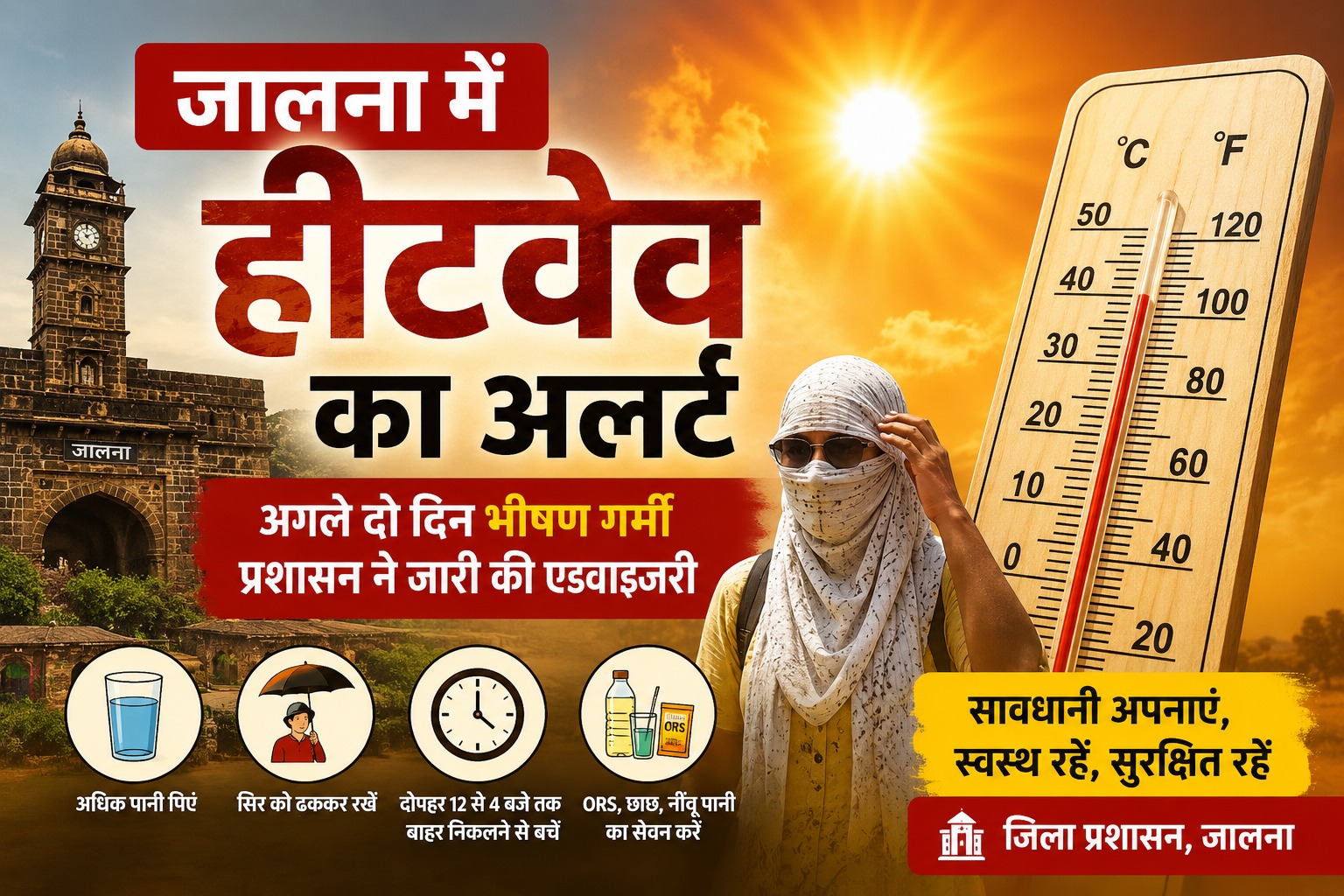 Heatwave alert in Jalna with temperature around 45°C, advice to drink more water, protect head, avoid going out from 12 to 4 PM, and consume ORS, salt, and lemon water