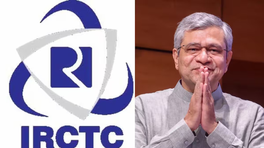 Screenshot_158 - NewsNation Online Left half shows the IRCTC logo; right half shows a man in a light-colored kurta with hands pressed together in greeting (namaste).