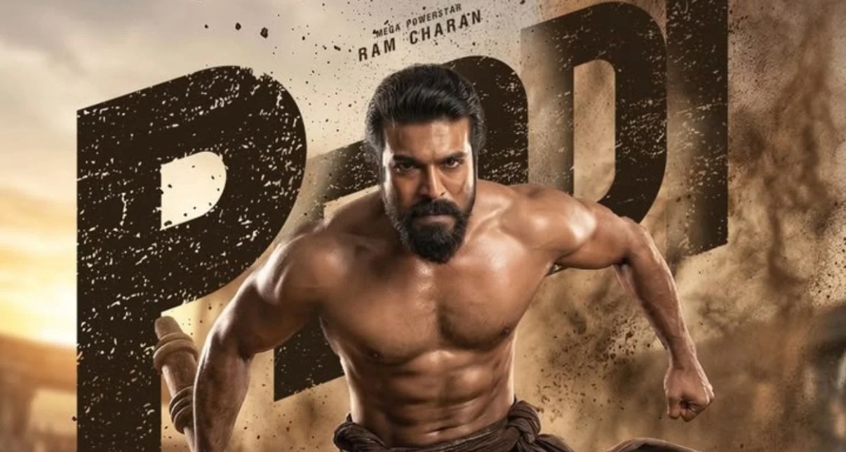 Muscular shirtless male action star sprints forward in a dusty poster with large black letters in the background, conveying intense energy and heroism.