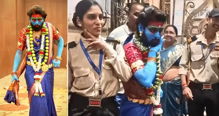 Three-panel collage: a blue-painted man in a mythic costume with garlands, flanked by a police officer and other onlookers in the other panels.