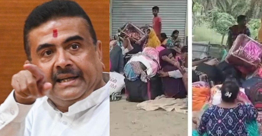 Left image shows a man in white pointing angrily; middle image depicts a crowd with many bags and bundles on the ground; right image shows people carrying large sacks or bags.