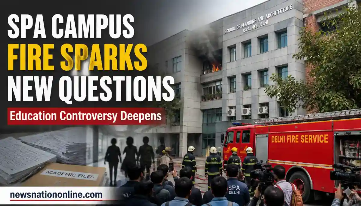 SPA Campus Fire Controversy showing firefighters responding to a small blaze at an educational institution in Delhi amid education-related discussions.