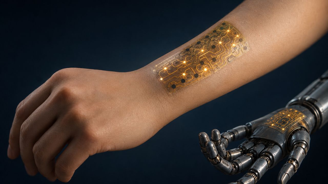 Forearm with a glowing, transparent circuit patch connected to a robotic prosthetic hand in the background (futuristic bio-tech interface).