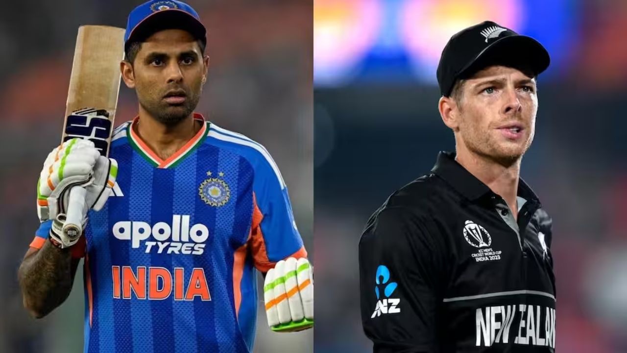 Two cricketers stand side by side: left in blue India jersey holding a bat, right in black New Zealand jersey wearing a cap.