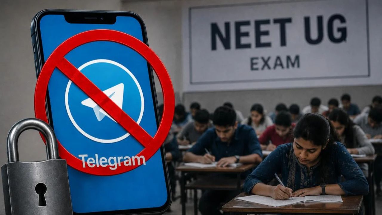Smartphone screen shows the Telegram logo with a red 'no' symbol over it as students take an exam in a NEET UG room in the background.