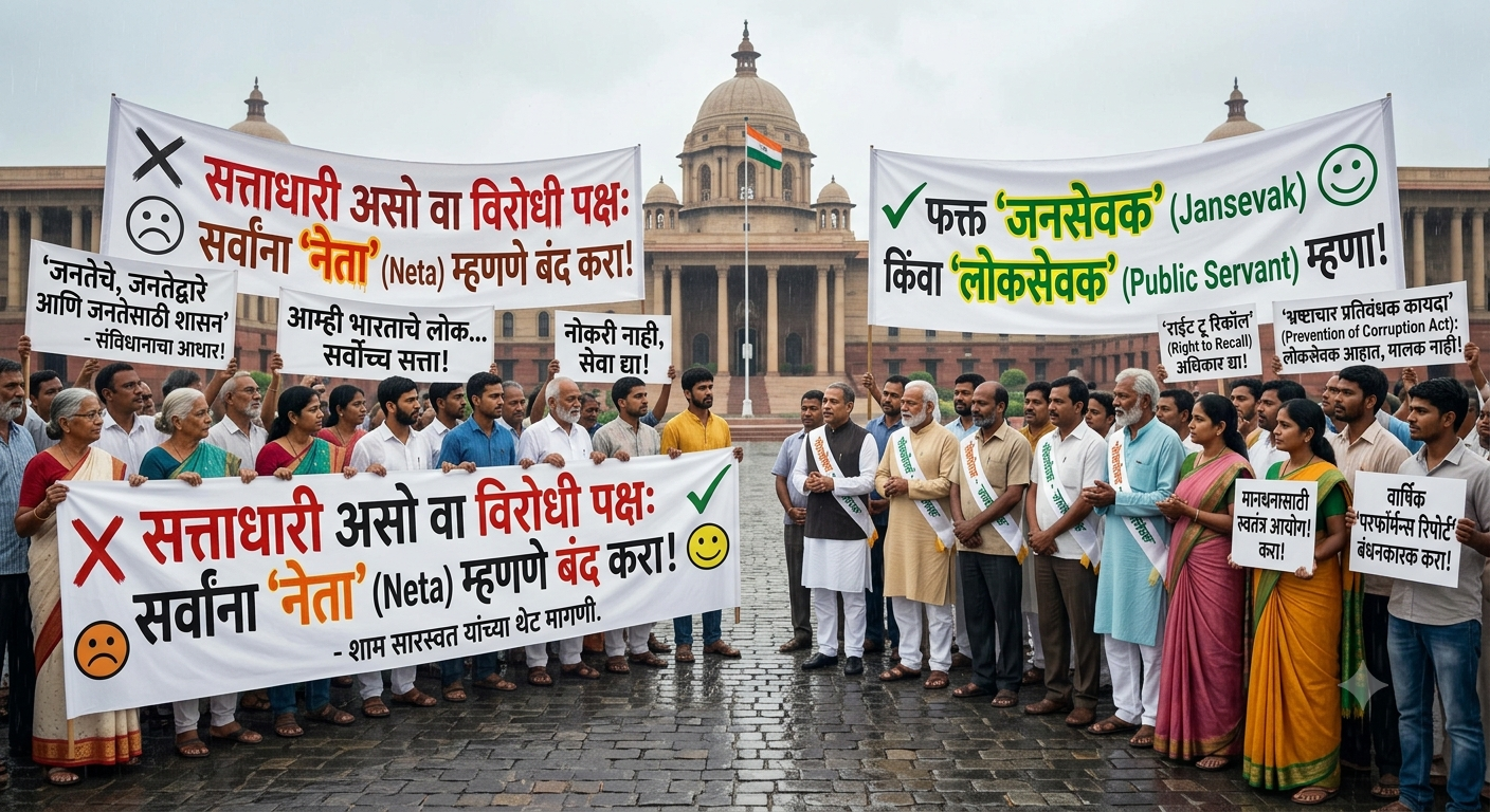 Large crowd of protesters holding banners in Marathi/Hindi outside a government building, demanding ethical leadership and anti-corruption.