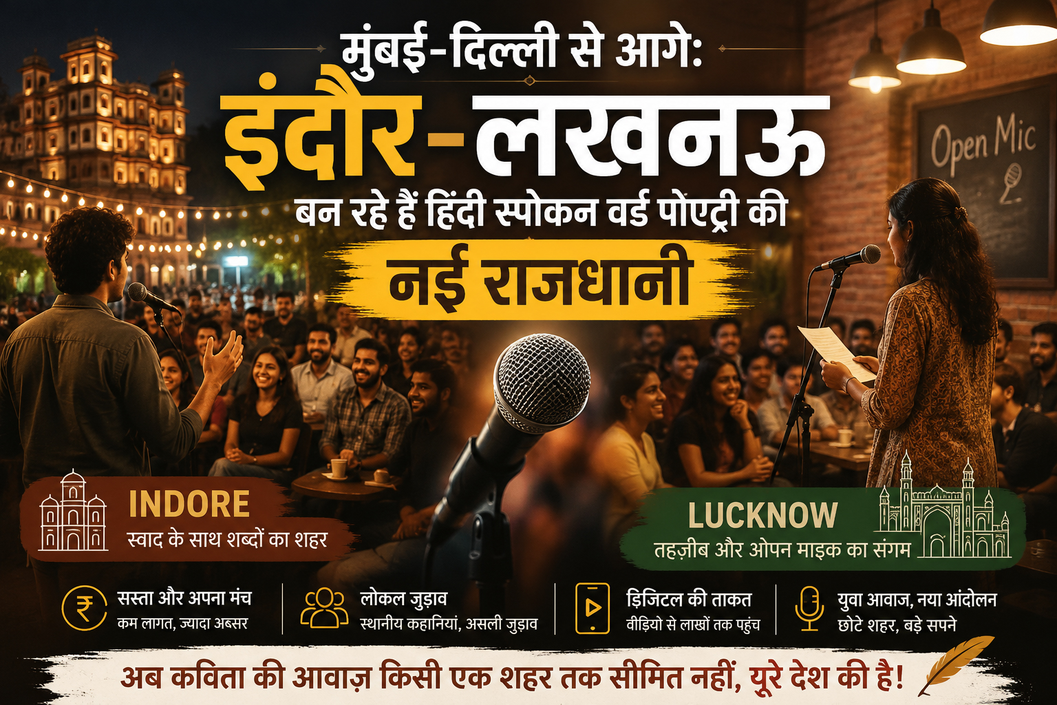 Poster advertising an open-mic night in Hindi with a performer on stage and a cheering audience, announcing Indore–Lucknow events and new ideas in bold Hindi text.