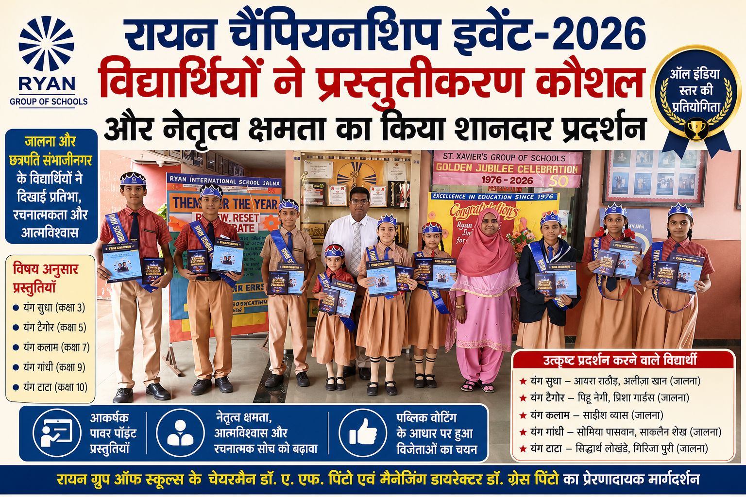 Group of students in uniform holding certificates and wearing crowns, posing with two teachers at a school awards event.