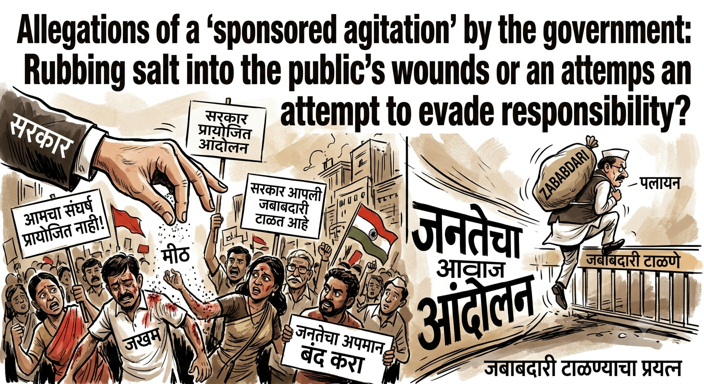Political cartoon depicting alleged government-sponsored agitation: a giant hand labeled 'Government' reaches into a crowd of protesters holding placards, a wounded man is grabbed, and another man runs away with a large bag labeled (Zabardari) toward a barrier.
