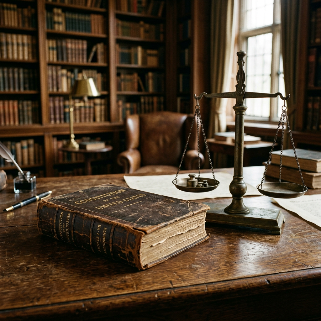 Worn Constitution of the United States book and brass scales of justice on desk in a law library
