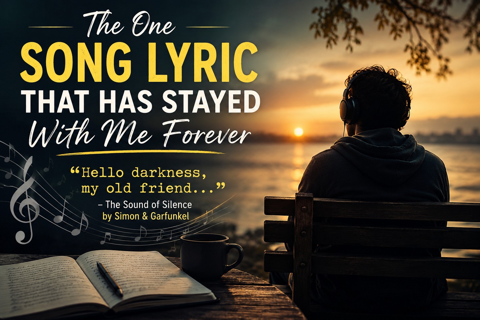 A person sitting alone by a lakeside at sunset, listening to music and reflecting on the timeless lyric "Hello darkness, my old friend" from The Sound of Silence.