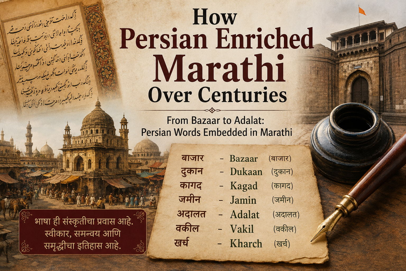 Poster explaining how Persian enriched Marathi over centuries, with a bazaar scene and a list of Persian-origin Marathi words like bazaar, dukaan, kagad.