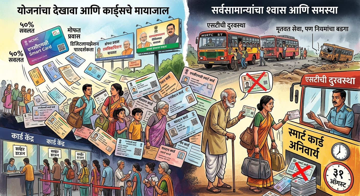 लोक स्मार्ट कार्ड-आधार कार्ड मिळवण्यासाठी केंद्रात रांग लावत आहेत; एकीकडे पेंच-पेपर आणि कार्डे हवेत उडत असल्यासारखी दिसत आहेत, बस-स्टॉपकडे वाहतूक चालू आहे; वृद्ध पुरुष व स्त्री हातात कार्ड दाखवत आहेत.