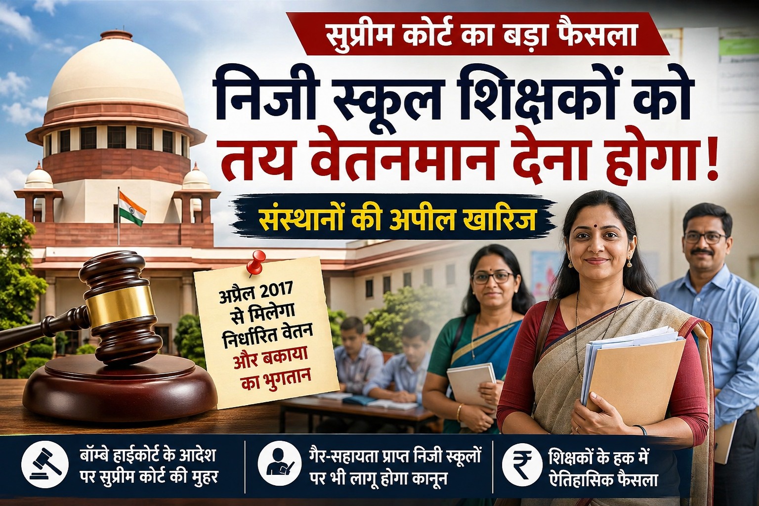 Poster announcing the Supreme Court’s big verdict for private school teachers, with a gavel, the Indian flag, and smiling educators in the foreground.