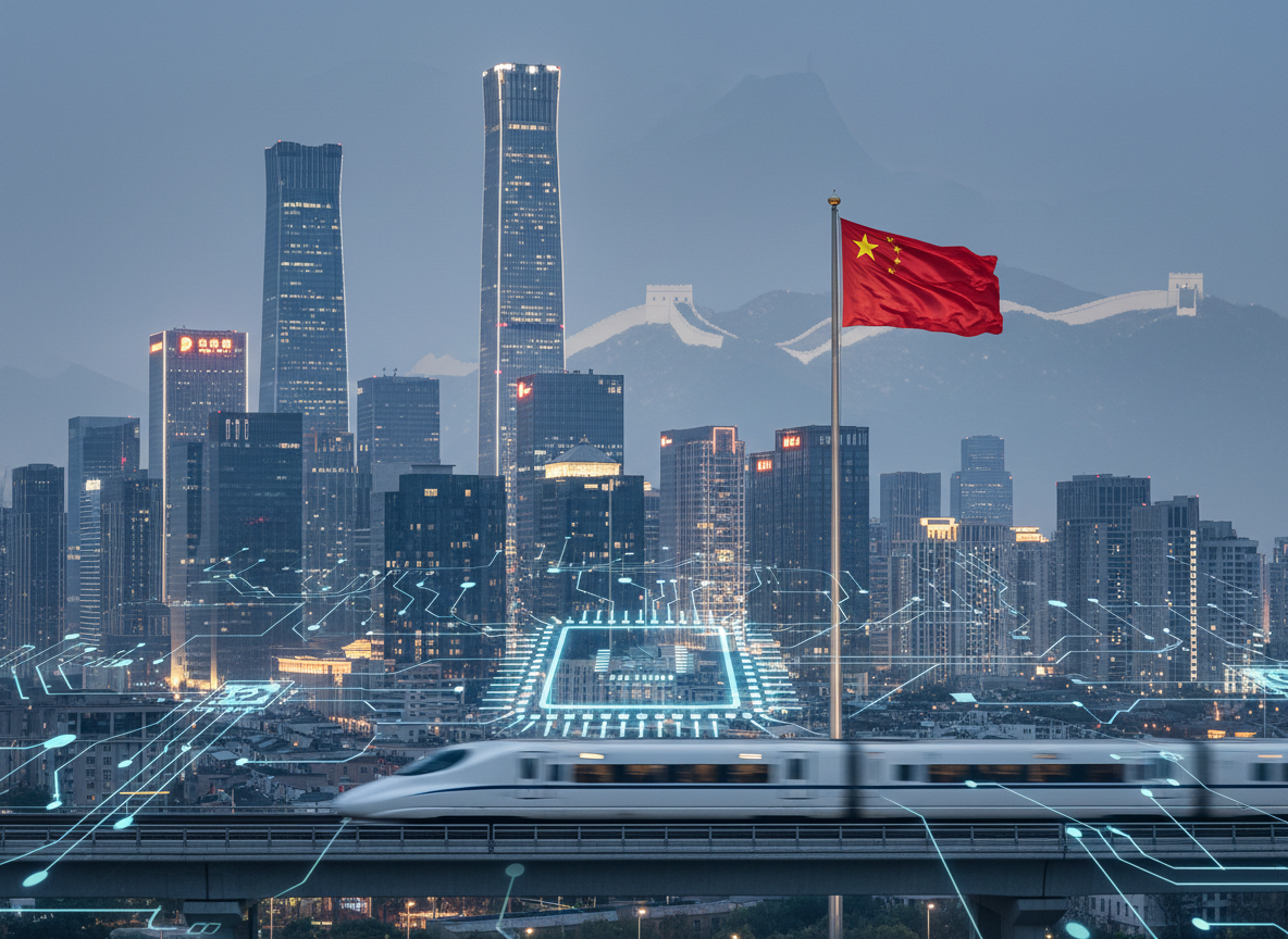 China Current Affairs 2026 - NewsNation Online High-speed train on an elevated track in front of a futuristic city with a Chinese flag and glowing circuit-like overlays