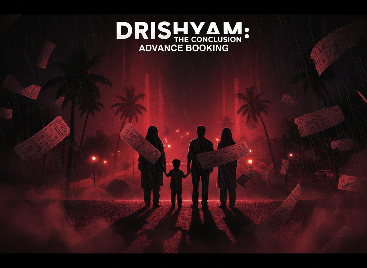 Create a cinematic editorial featured image for a Hindi entertainment news article about the 2026 film “Drishyam: The Conclusion” and its advance booking. Show a dark suspenseful Indian crime-thriller atmosphere, a family silhouette, Goa-style night setting, cinema ticket motifs, subtle red and black lighting, and a prominent clean title treatment reading “DRISHYAM: THE CONCLUSION” and “ADVANCE BOOKING”. Do not copy an existing poster or photograph; make it an original editorial illustration. Landscape 16:9 composition suitable for a WordPress featured image and Google News thumbnail.