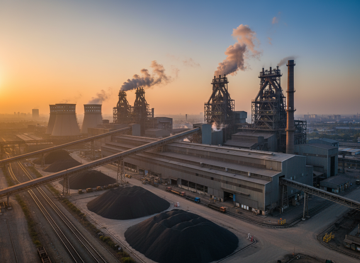 Editorial financial-news photograph: modern Indian steel manufacturing plant at dawn, large steel mill buildings, industrial scale, clean realistic journalism photography, no people, no text, no logos, 16:9 composition, suitable as featured image for a Tata Steel corporate market-news article.