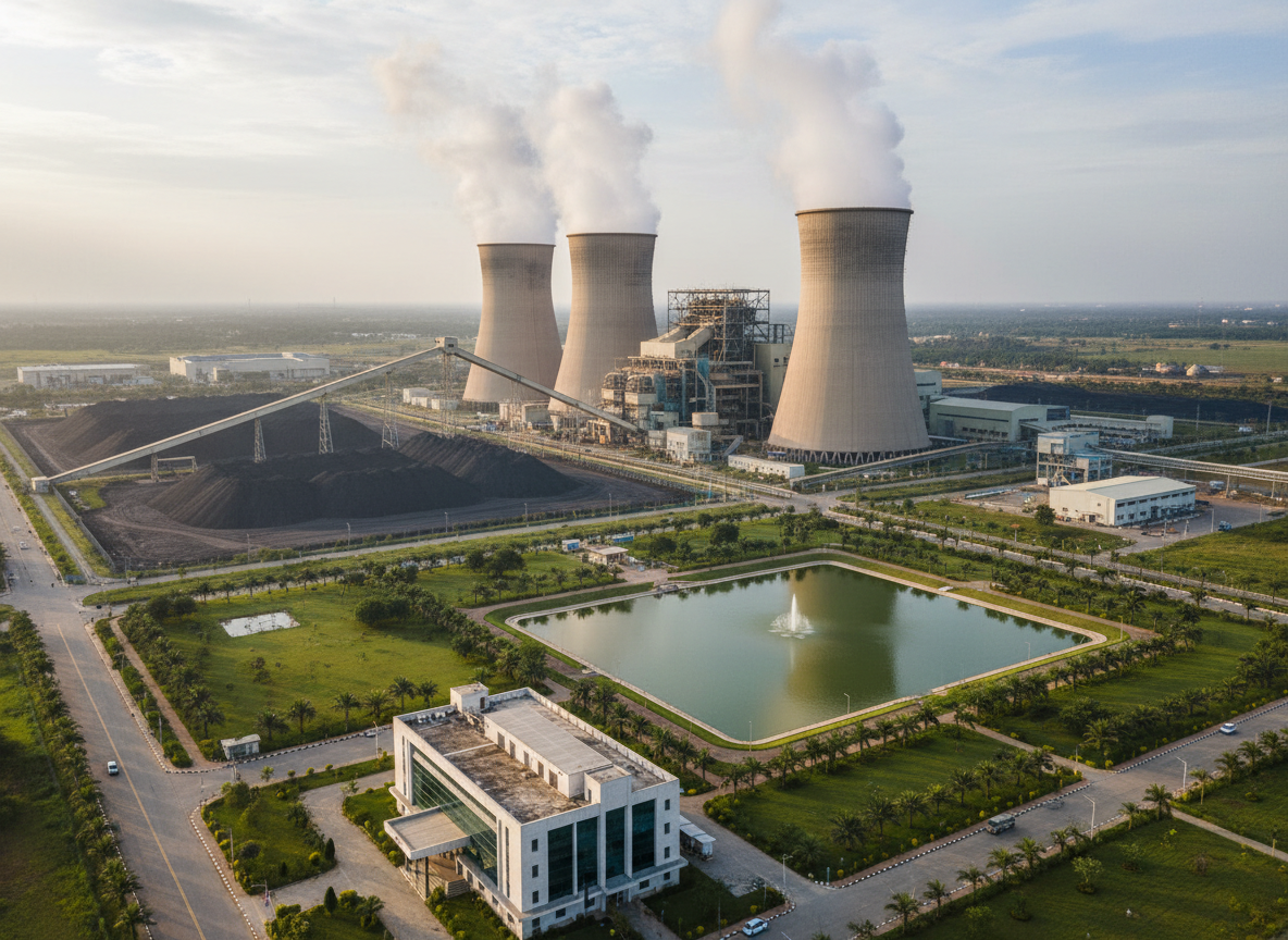 Editorial financial-news photograph of a major Indian power generation complex, thermal power station with cooling towers, landscaped industrial campus, realistic professional news photography, no text, no logos, 16:9 composition, suitable as featured image for NLC India corporate market news.