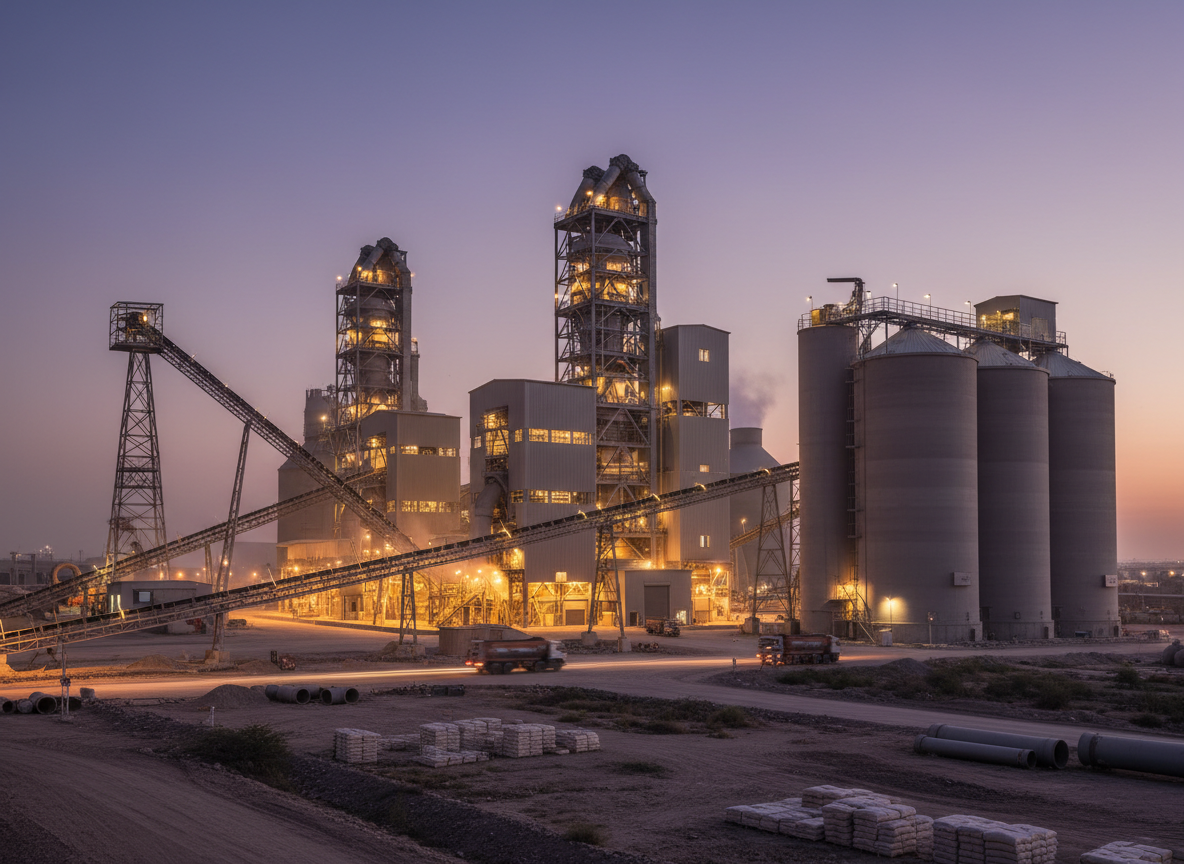Editorial financial-news photograph of a modern Indian cement - NewsNation Online Editorial financial-news photograph of a modern Indian cement manufacturing plant at dusk, large clinker and grinding structures, conveyor systems and silos, realistic professional journalism photography, no text, no logos, 16:9 composition, suitable as featured image for Ramco Cements market news.
