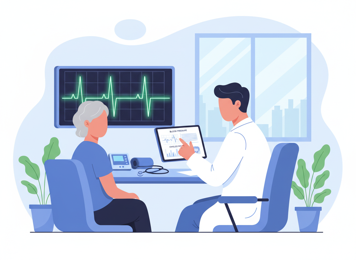 Editorial health-news illustration about heart health checkups and - NewsNation Online Editorial health-news illustration about heart health checkups and warning signs: doctor reviewing blood pressure and cholesterol results with patient, ECG screen in background, reassuring professional clinic, no identifiable faces, no text, no logos, landscape.
