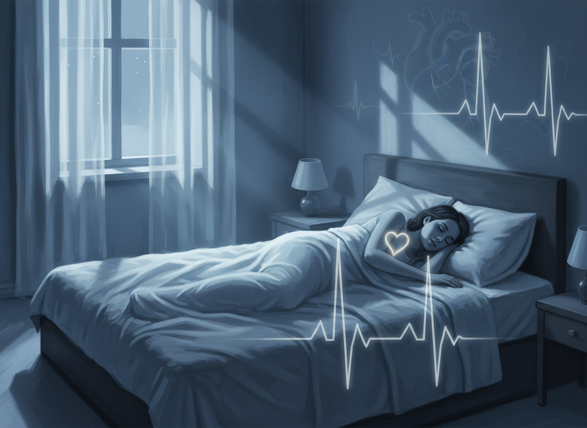 Editorial health-news illustration about sleep and heart health: peaceful bedroom at night, moonlight, subtle heart and ECG motif, calm blue atmosphere, realistic lifestyle feature image, no text, no logos, landscape.
