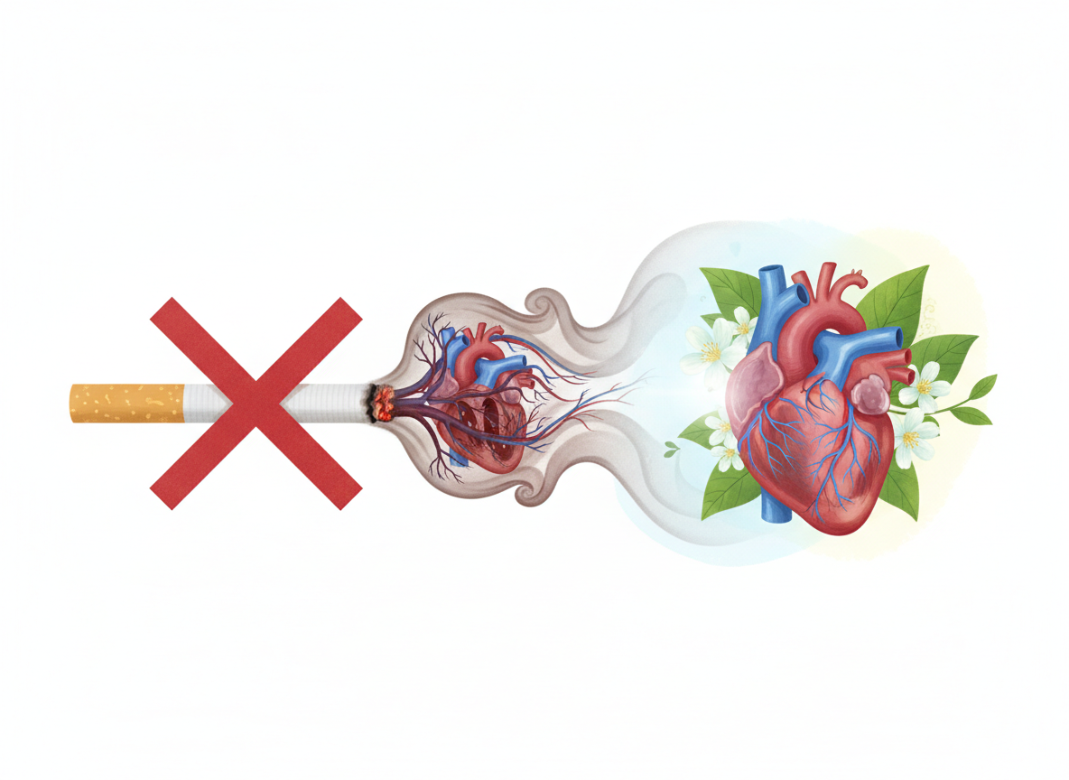 Editorial health-news illustration about smoking and heart health: tobacco cigarette crossed concept, blood vessel and heart motif, smoke fading into a clean healthy scene, serious but non-graphic, professional medical newsroom style, no text, no logos, landscape.