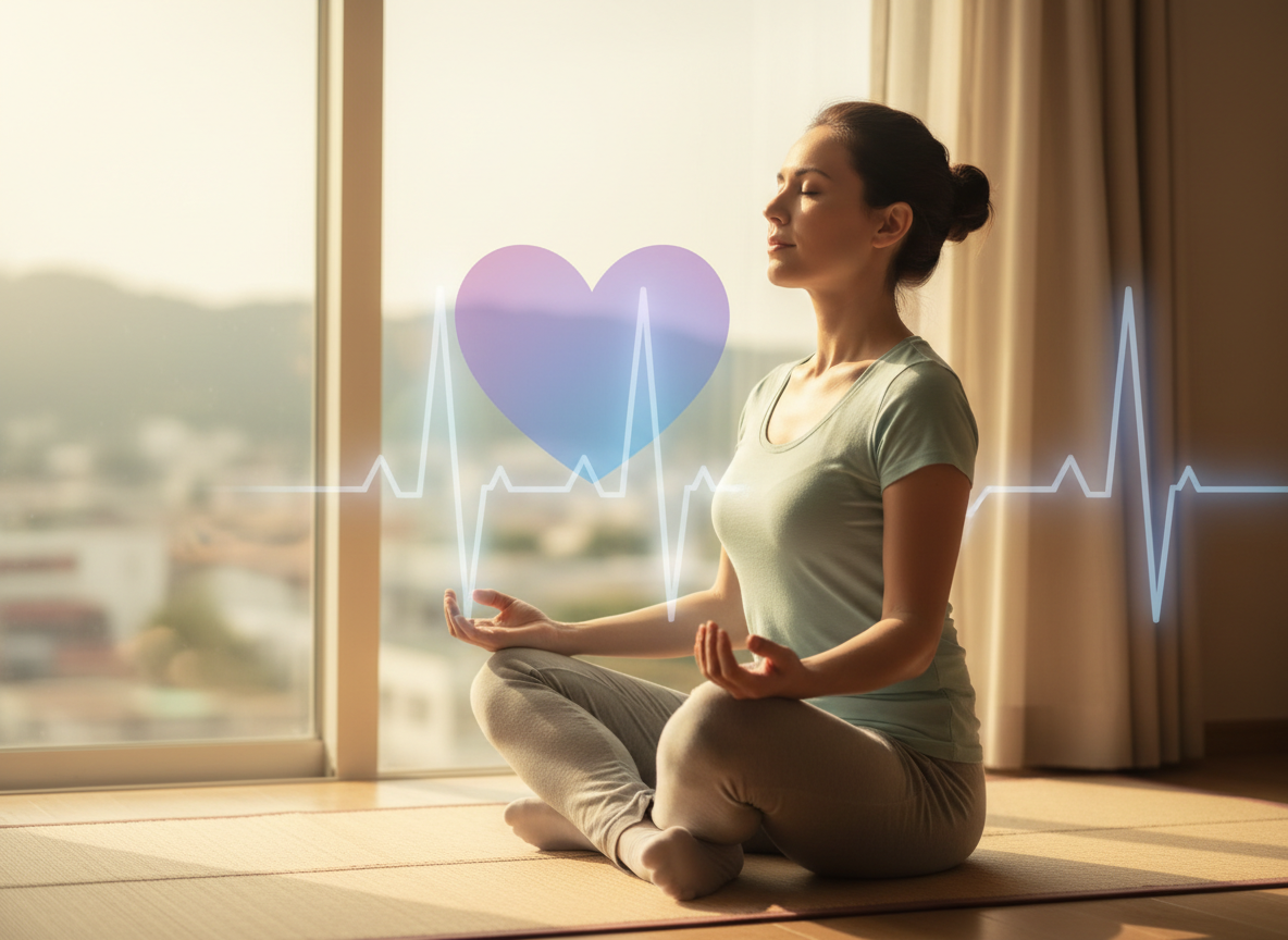 Editorial health-news illustration about stress and heart health: calm adult doing breathing exercise near a window, subtle ECG and heart motif, warm natural light, professional wellness newsroom aesthetic, no text, no logos, landscape.