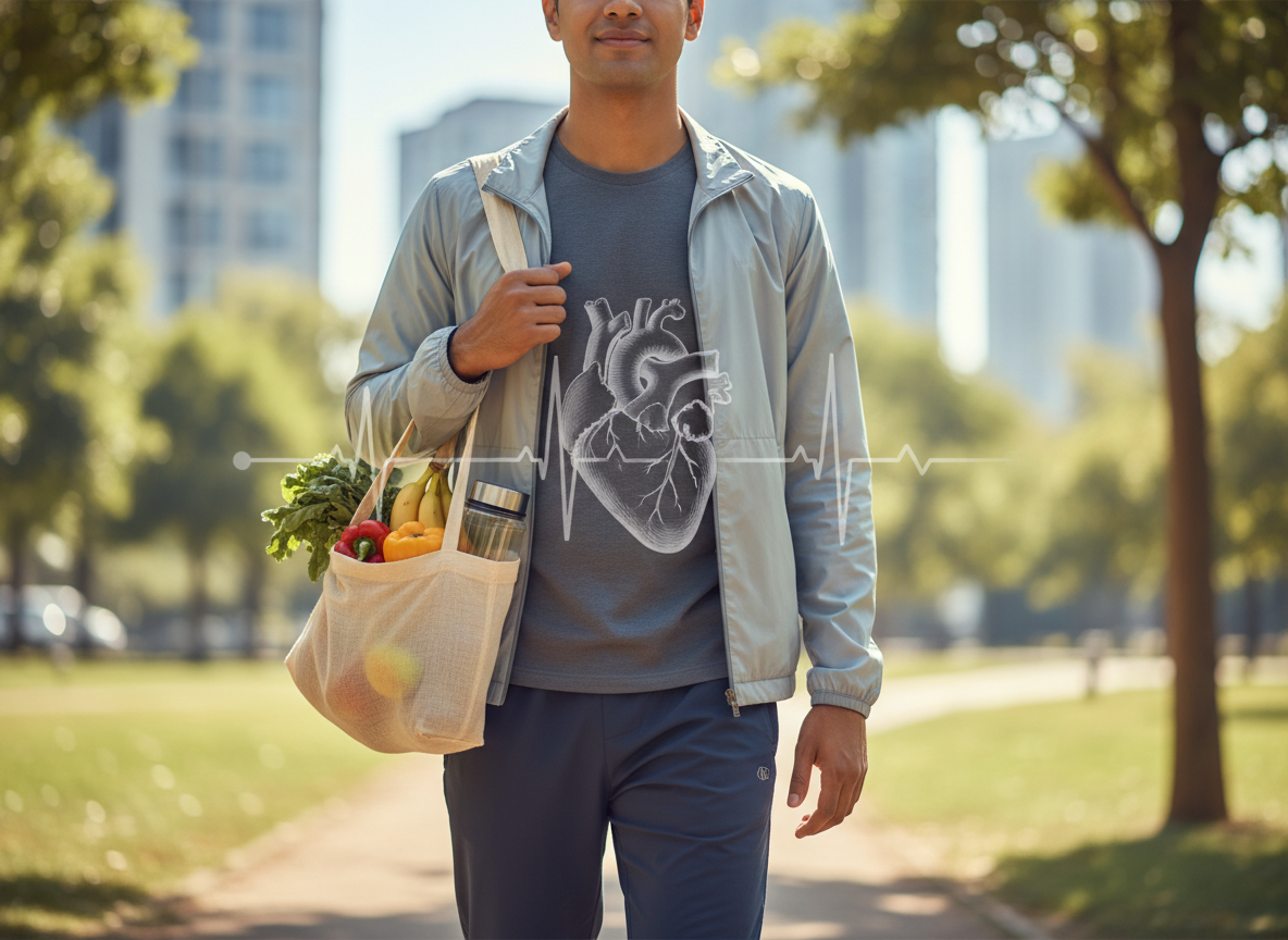 Editorial health-news illustration about young adults protecting heart health: young Indian adult walking outdoors with healthy food and water, subtle heart and ECG motif, contemporary lifestyle journalism aesthetic, no identifiable face, no text, no logos, landscape.